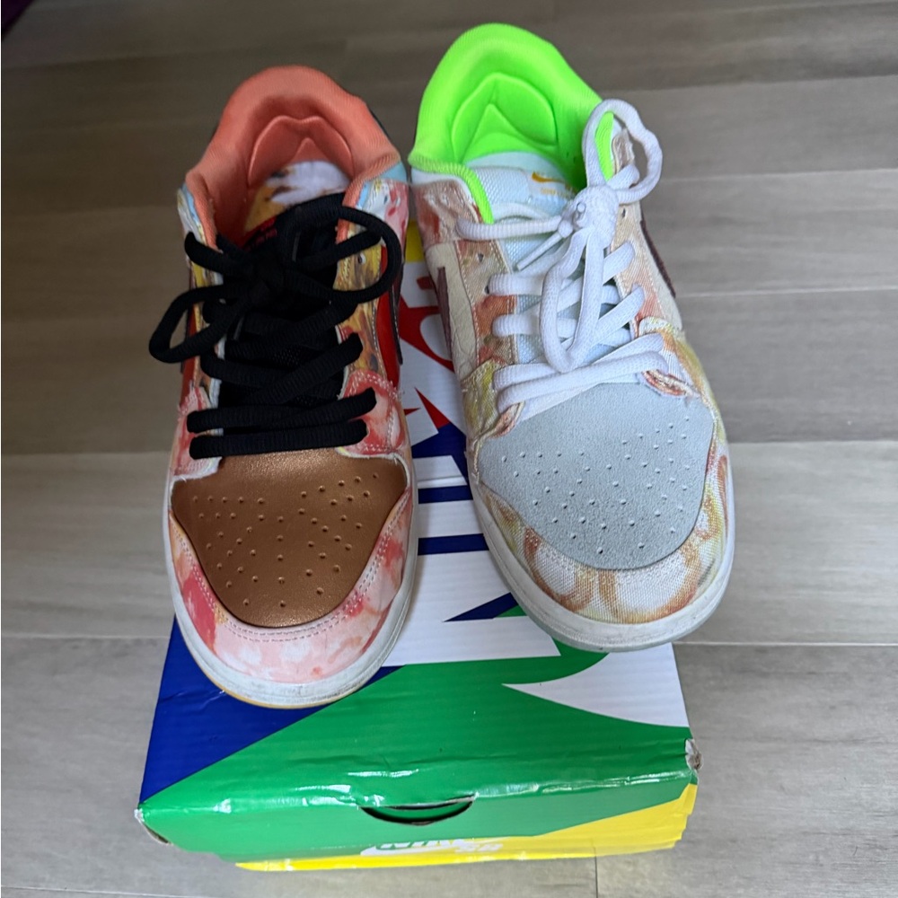 Nike Dunks. Street Hawker Multicolor Sneakers with Neon and Bronze Accent